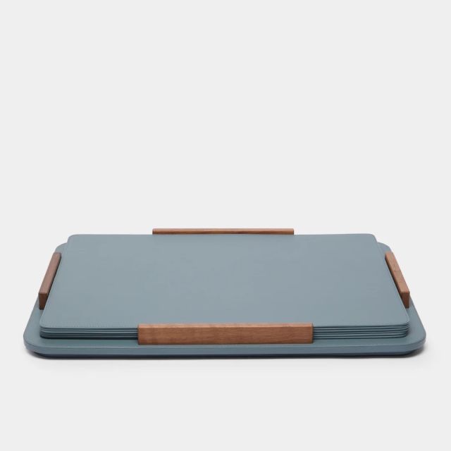 Leather and Walnut Placemats with Holder (Set of 6)