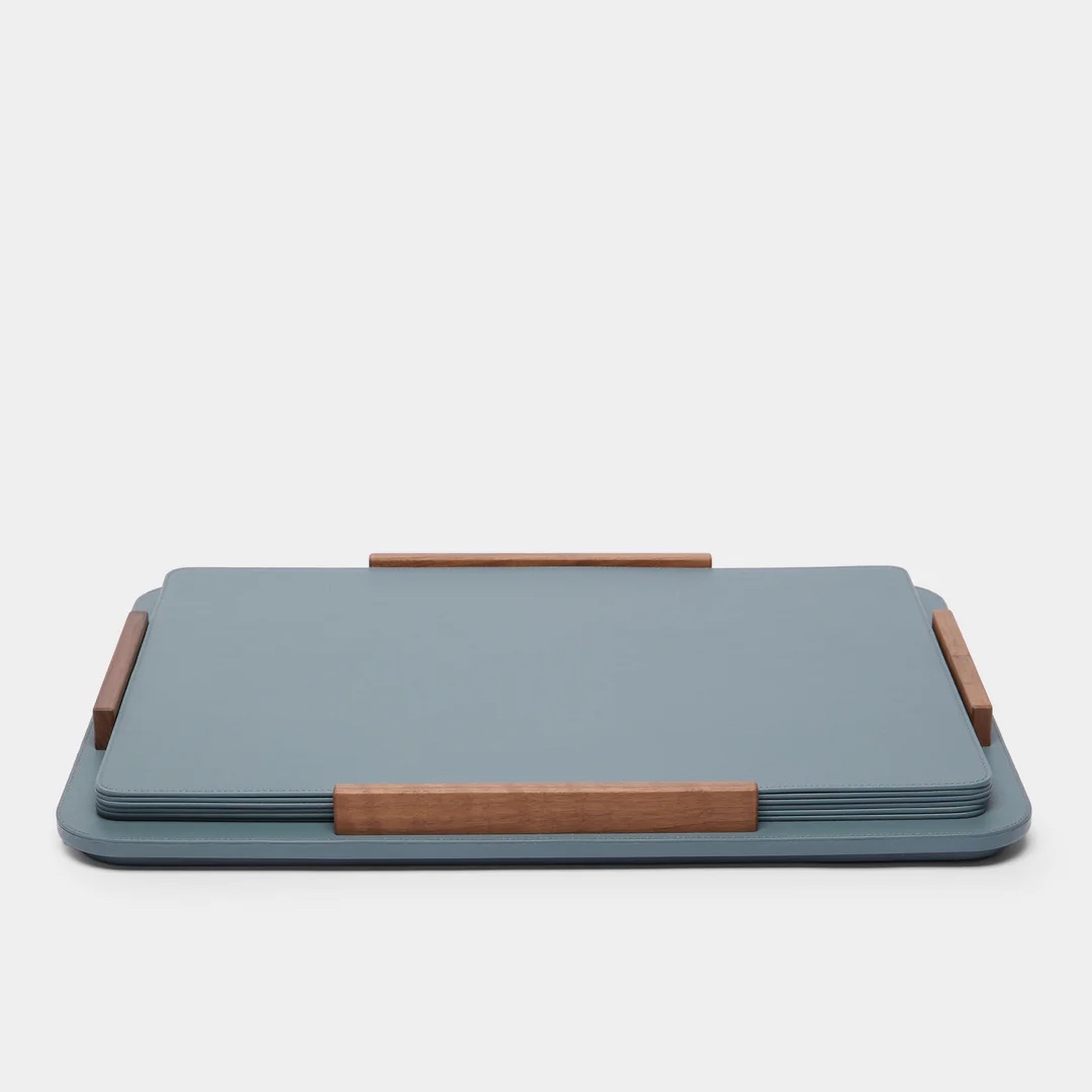 Leather and Walnut Placemats with Holder (Set of 6)