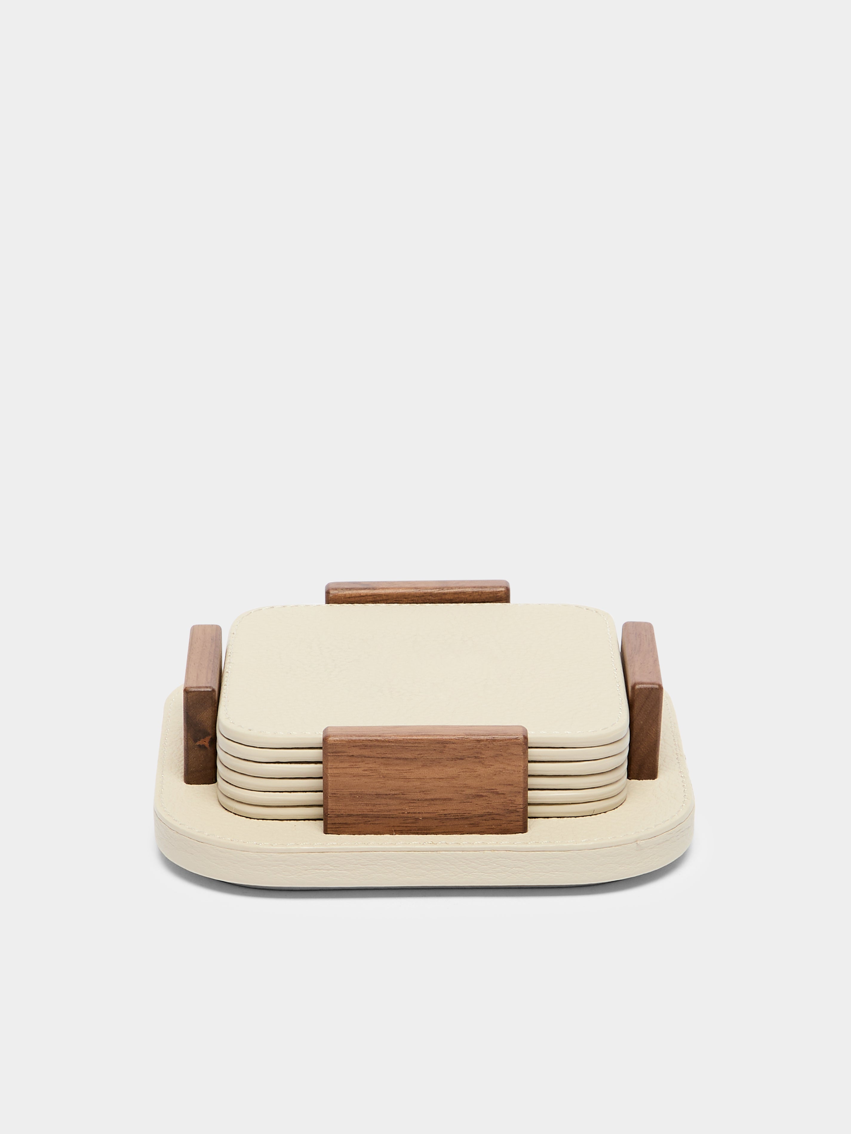 Leather and Walnut Coasters with Holder (Set of 6)