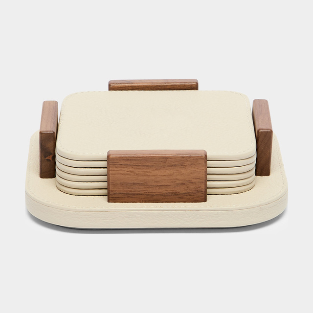Leather and Walnut Coasters with Holder (Set of 6)