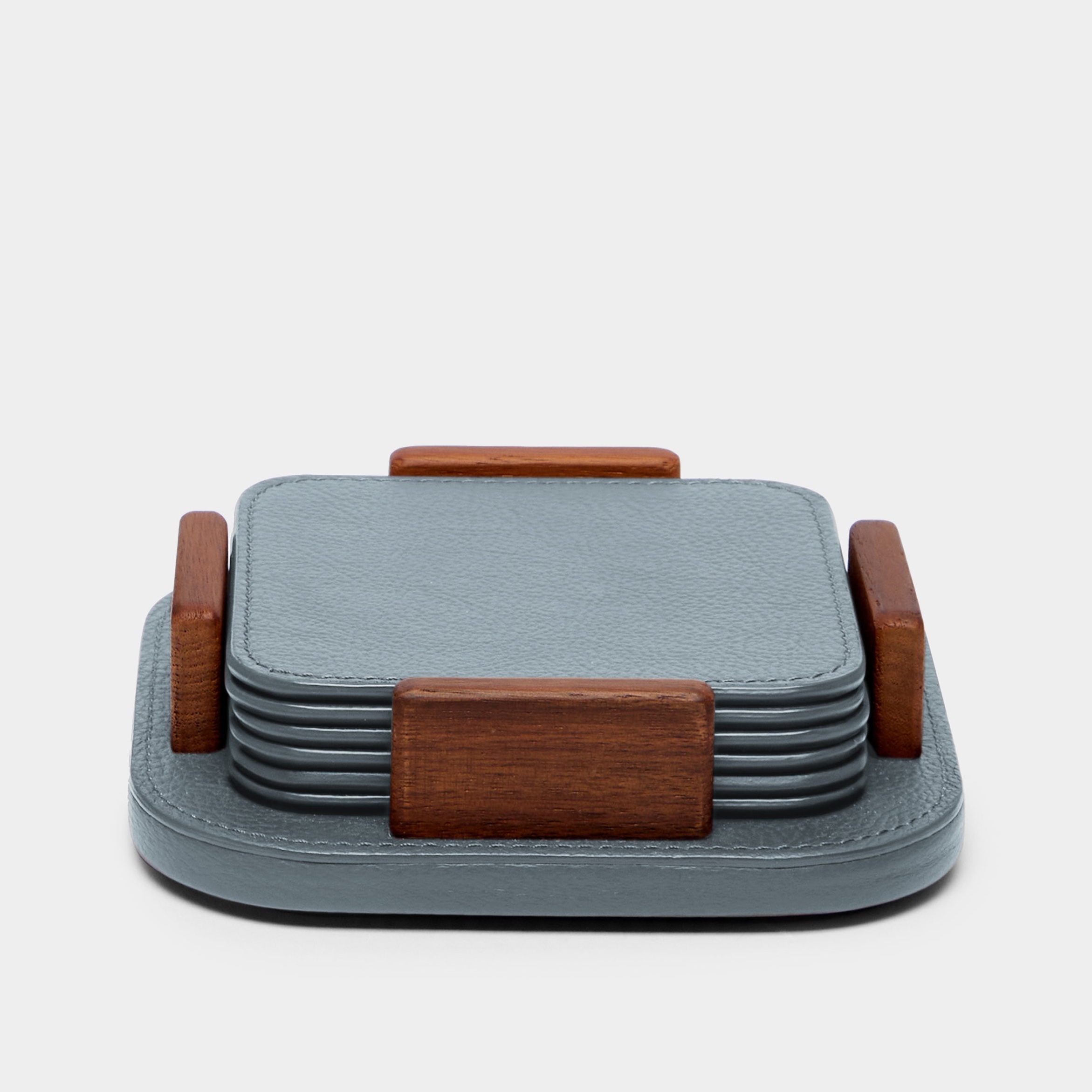 Leather and Walnut Coasters with Holder (Set of 6)