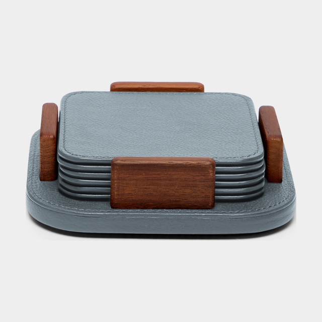 Leather and Walnut Coasters with Holder (Set of 6)