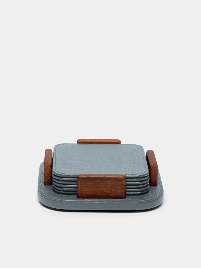 Leather and Walnut Coasters with Holder (Set of 6)
