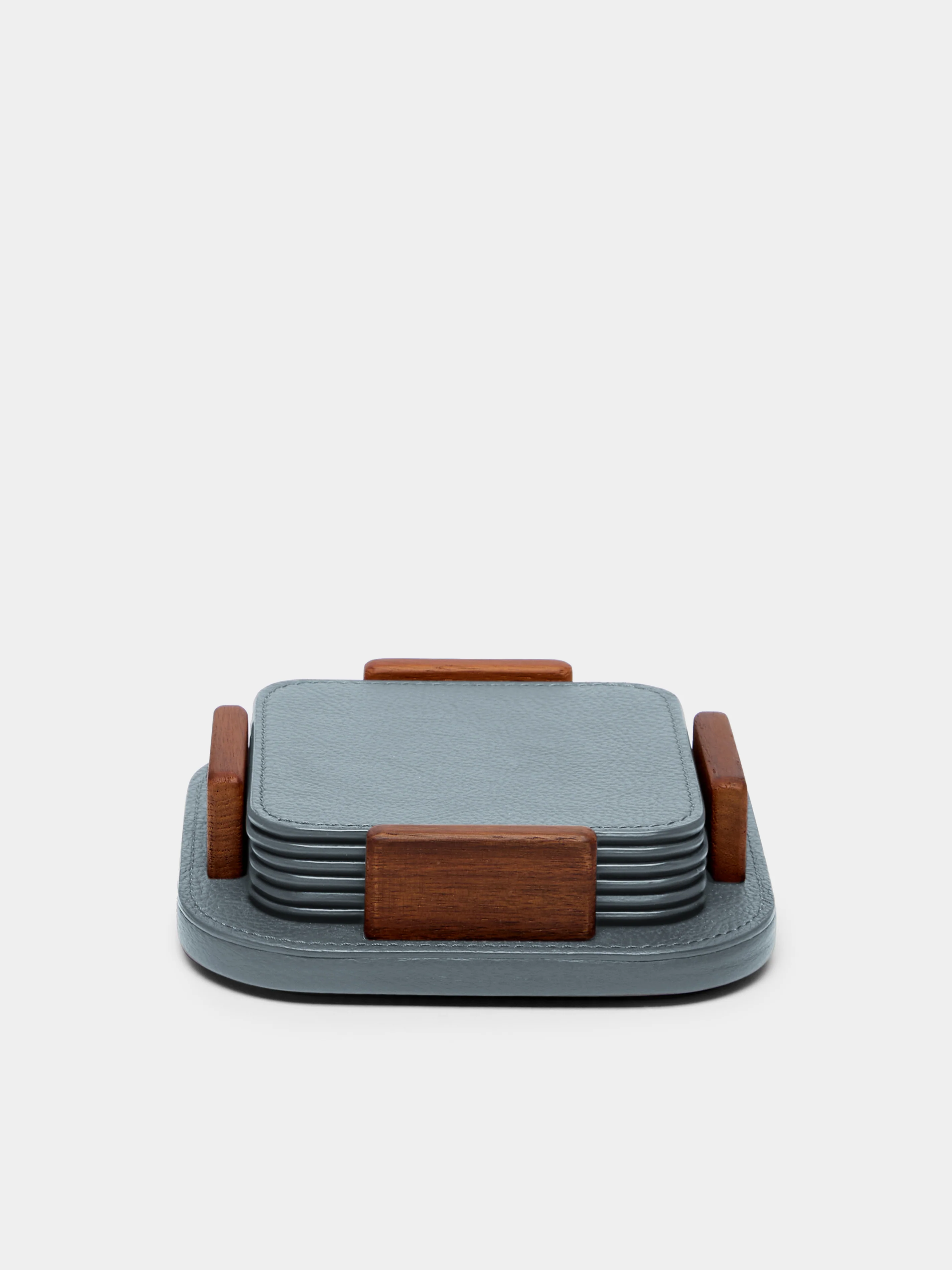 Leather and Walnut Coasters with Holder (Set of 6)