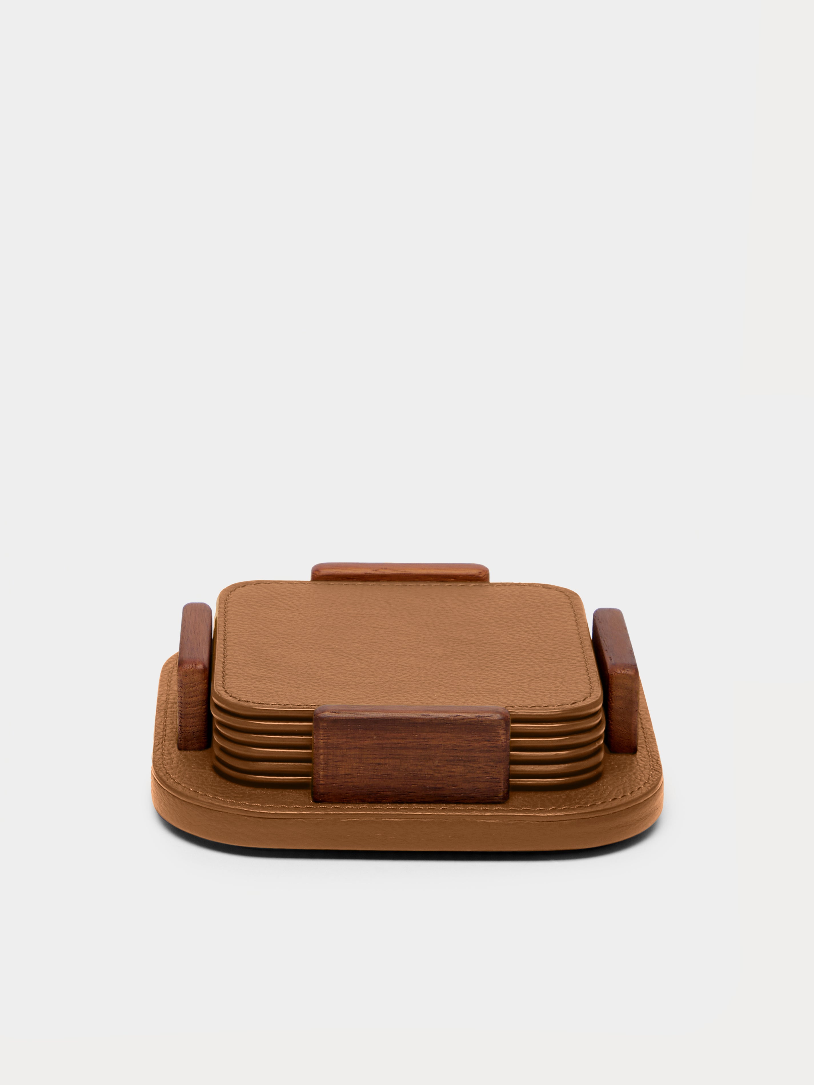 Leather and Walnut Coasters with Holder (Set of 6)