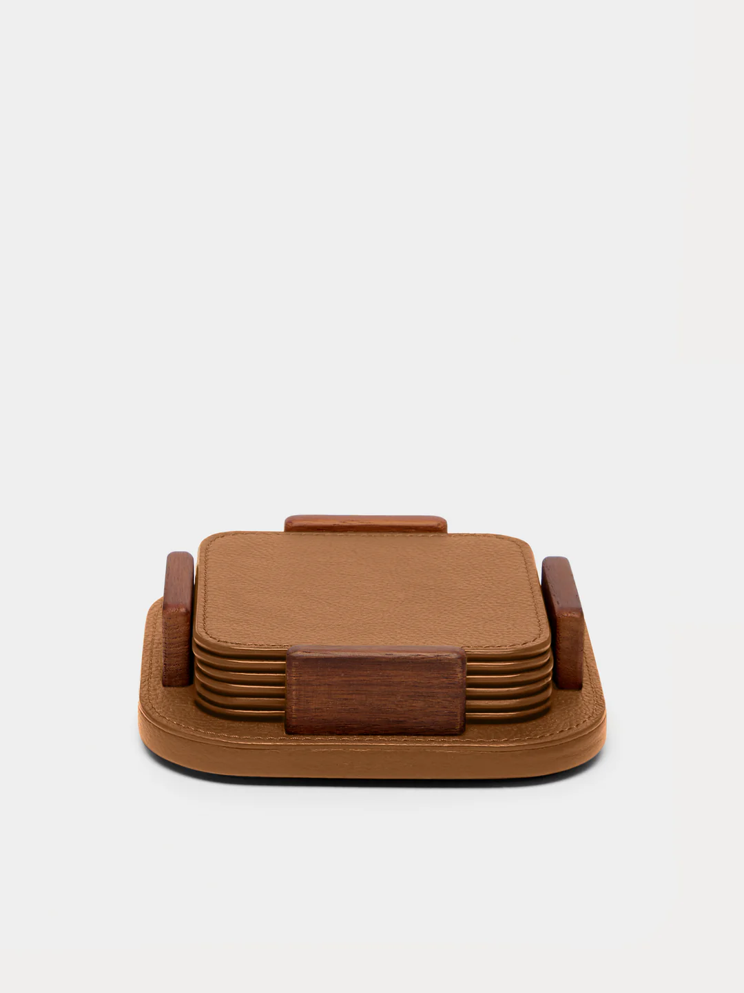Leather and Walnut Coasters with Holder (Set of 6)