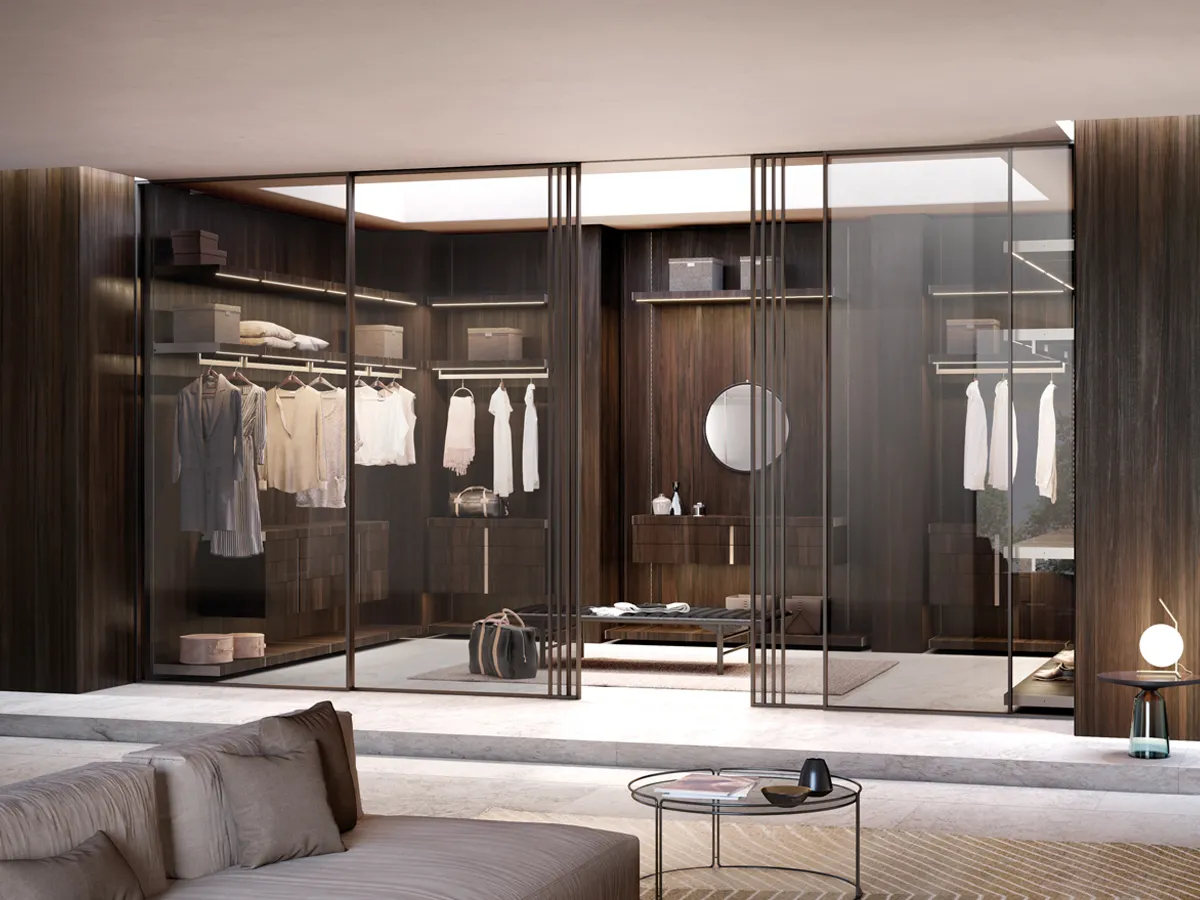 Sliding doors integrated into wall paneling