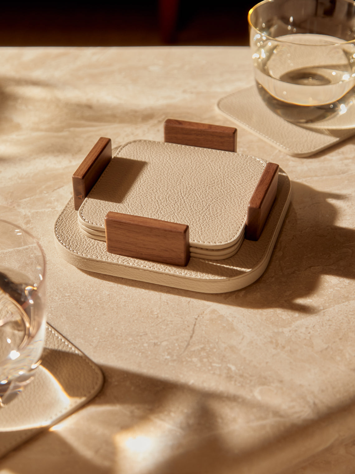 Leather and Walnut Coasters with Holder (Set of 6)