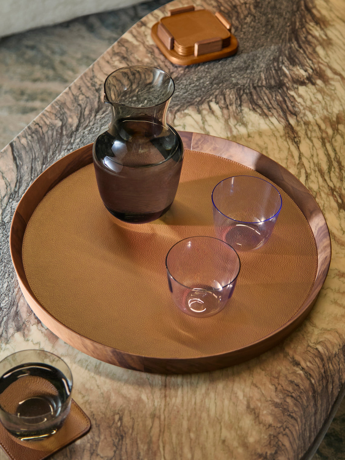 Walnut and Leather Round Tray (16.5in/42cm)