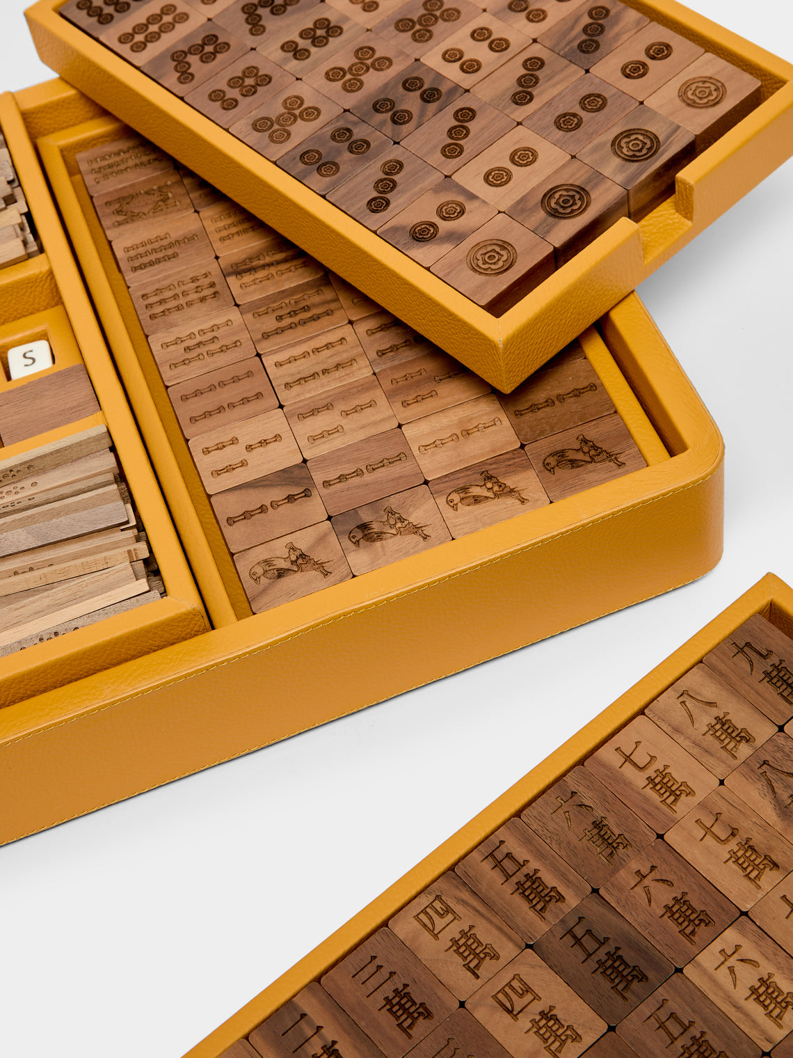 Leather, Maple and Walnut Mahjong Set