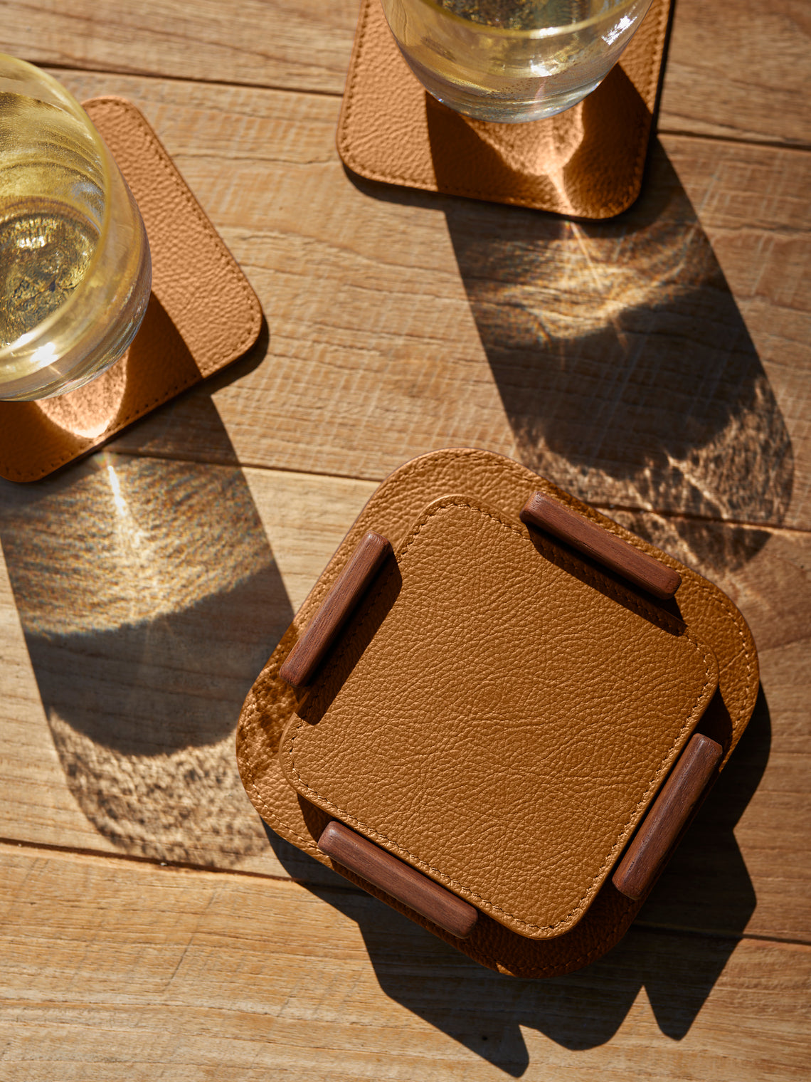 Leather and Walnut Coasters with Holder (Set of 6)