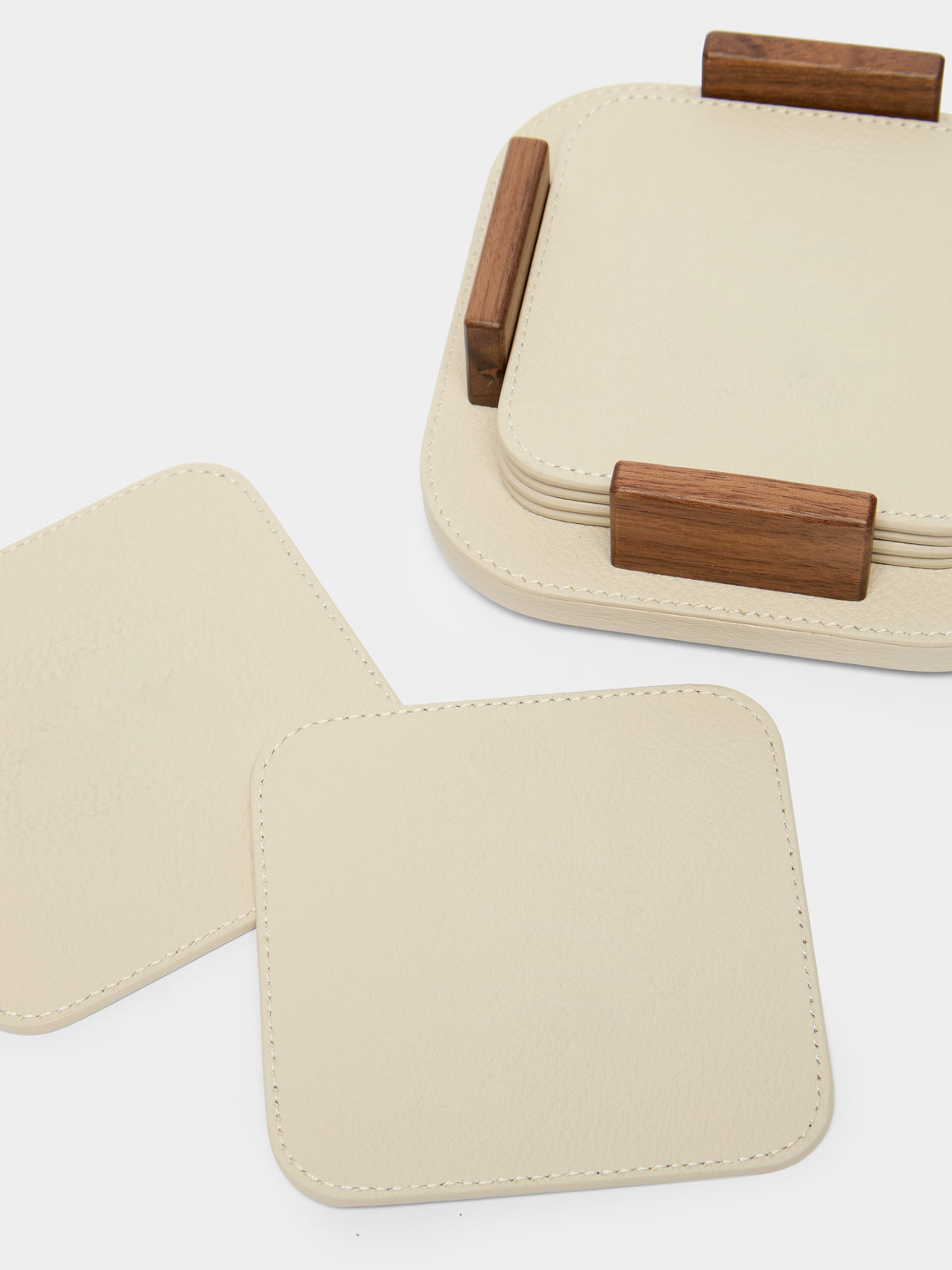 Leather and Walnut Coasters with Holder (Set of 6)