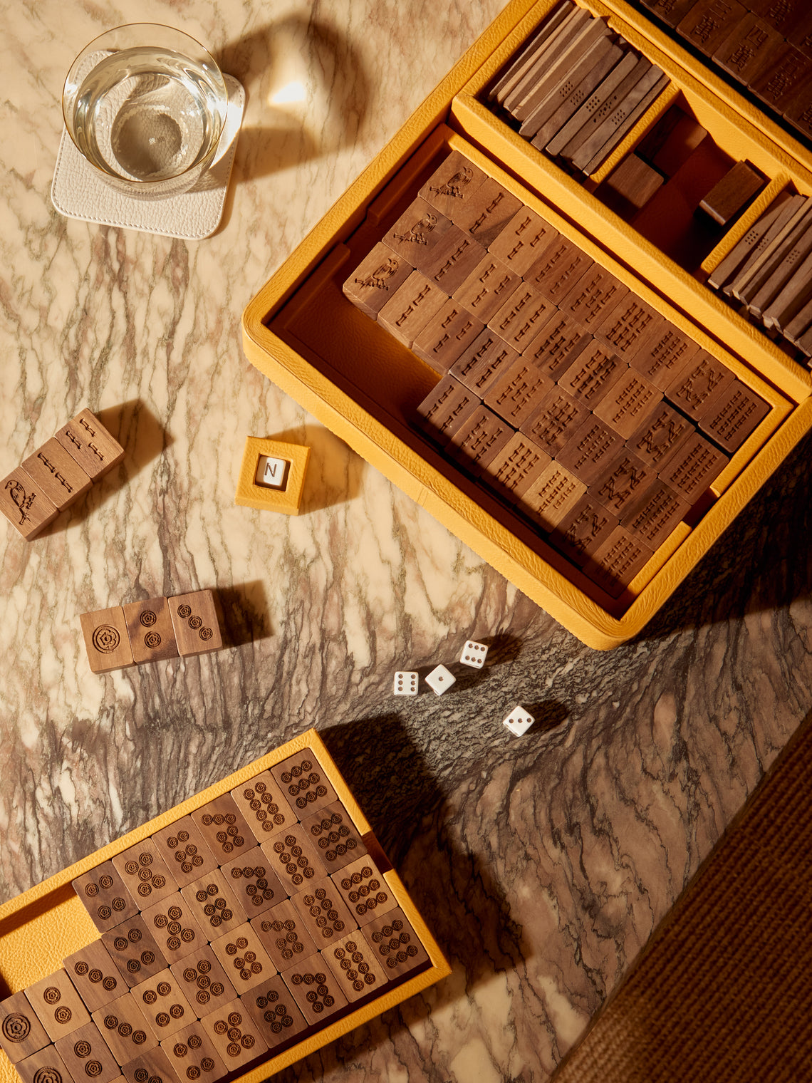 Leather, Maple and Walnut Mahjong Set