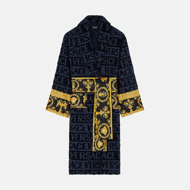 Черный махровый халат Versace с принтом Barocco