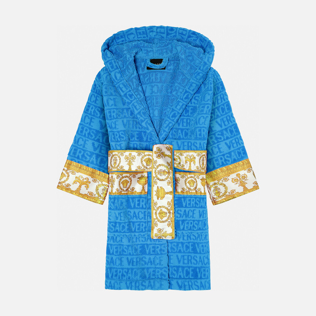 Детский махровый халат Versace I ♡ Baroque синий с капюшоном