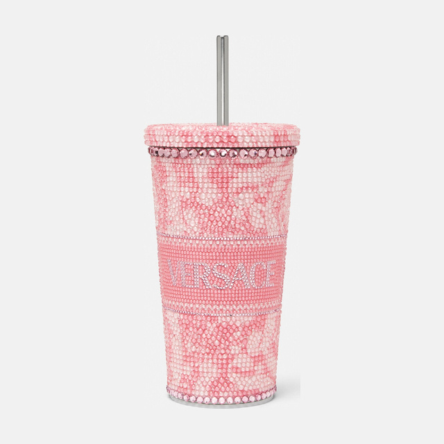 Розовый дорожный стакан Versace Barocco с кристаллами